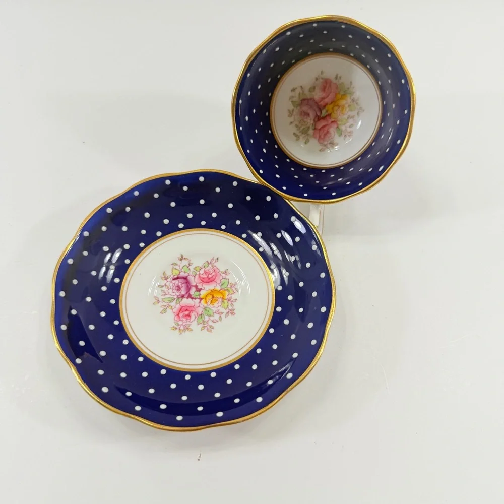 RARE 1930s ROYAL ALBERT TEACUP CUP & SAUCER, COBALT BLUE POLKA JEWELED WHITE DOT
